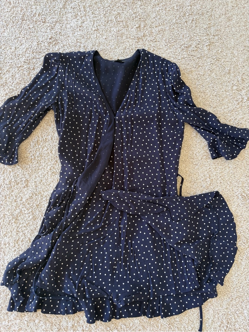 LOFT Navy Blue Polka Dot Wrap Romper
